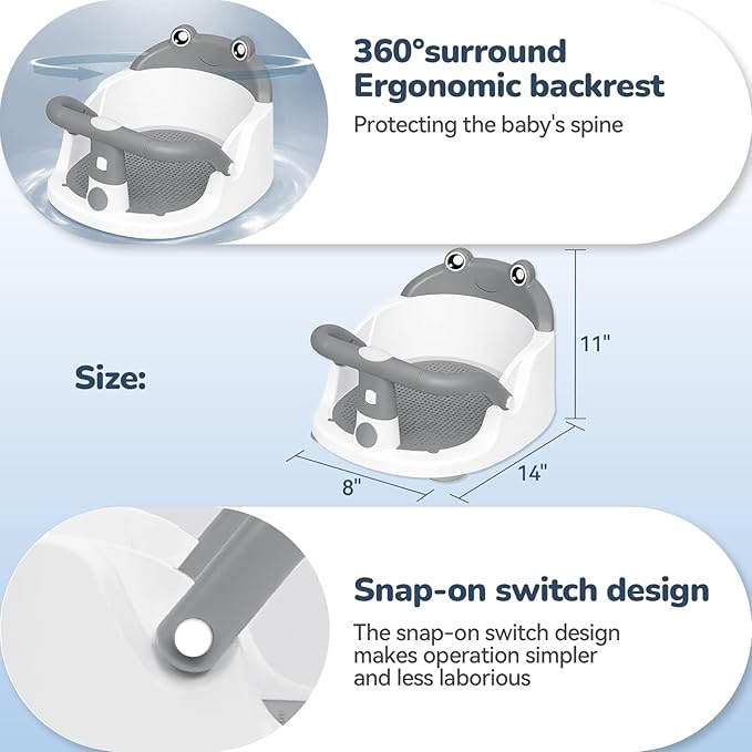 Baby Bath Seat for Babies 6 Months & Up - One-Handed Snap-On Armrest Baby Bath Chair | 4 Suction Cup Non-Slip Baby Bathtub Seat with Storage Bag | Ergonomic Infant Bath Seats for Baby Sitting Up Grey