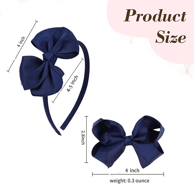 Bow Headband & 2 Pcs 4 Inch Hair Bows Set, Black School Hair Accessories for Little Toddler School Girls (Navy)