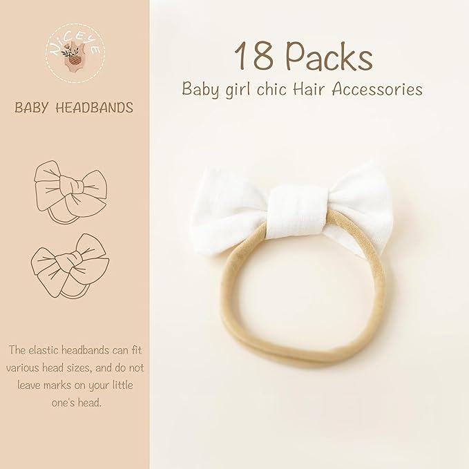 Niceye Baby Girl Bows and Headbands, Handmade Stretchy Nylon Hairbands Hair Bows for Newborn, Infant, Toddler - Soft Baby Hair Accessories - 12 Packs