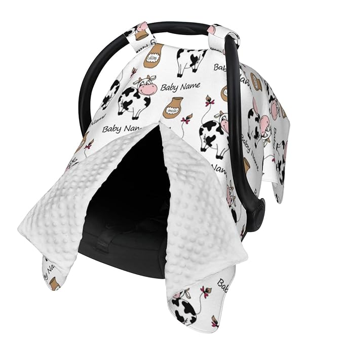 Personalized Smile Cow and Milk Baby Infant Car Seats Canopy for Babies with Name, Custom Car Seat Covers for Baby Boys Girls, Peekaboo Minky Nursing Breastfeeding Stroller Canopies for Newborn