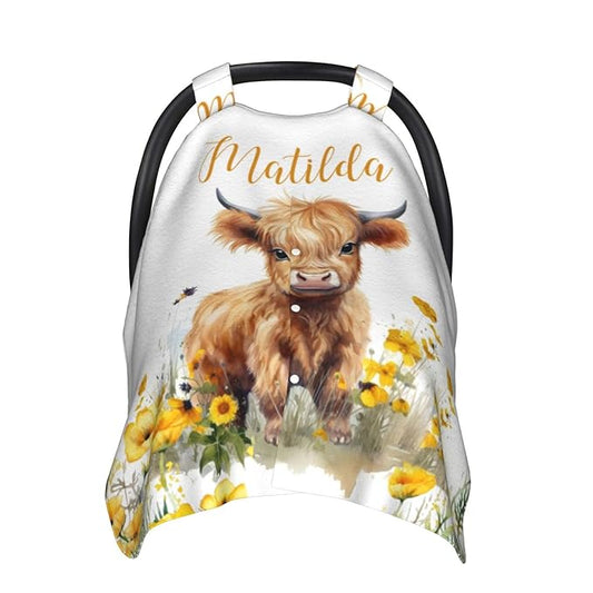 Personalized Baby Car Seat Canopy with Name – Custom Sunflower Highland Cow Minky Nursing Cover for Boys & Girls, Soft Stroller Cover for Infants & Newborns, Carseat Canopy for Breastfeeding