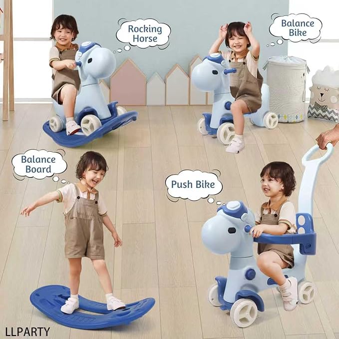 4 in 1 Rocking Horse for Toddlers 1-3 Years Old, Baby Rocking Toy Fun Birthday Gift for 1+ Kids, Ride on Toy with Guard Rails, Detachable Balance Board and Footrest with Push Handle (Blue)