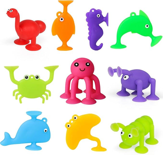 Suction Cup Kids Bath Toy for Baby Aged 3 4 5 Years Old, 10PCS Animal Bathtub Suckers for Toddler, Window Shower Tools, Montessori Gifts for Boys and Girls Age 6-8