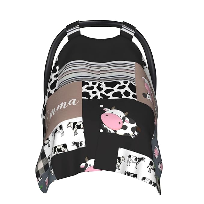 Personalized Cute Cow Baby Car Seat Canopy for Babies with Name, Custom Cow Stripes Car Seat Covers for Girls Boys, Peekaboo Opening Minky Nursing Cover Infant Car Seat Canopies for Newborn
