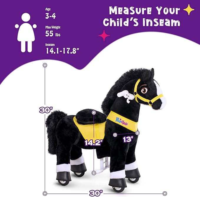 PonyCycle Kids Ride on Toys Horses for Toddlers 3-4 Essential Model E Ride on Horse Walking Horse Size 3 No Battery or Electricity, Pony Cycle Plush Animal Giddy up Spirit Riding Toys Black E338