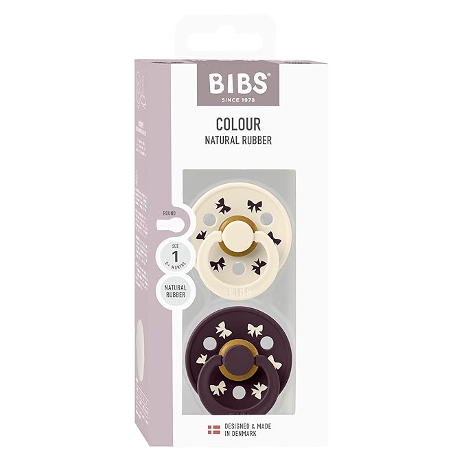 BIBS Colour Holiday Pacifier 2-Pack, BPA Free Pacifier, Round Nipple. Natural Rubber Latex, Made in Denmark, Size 1 (0-6 Months), Ivory/Plum