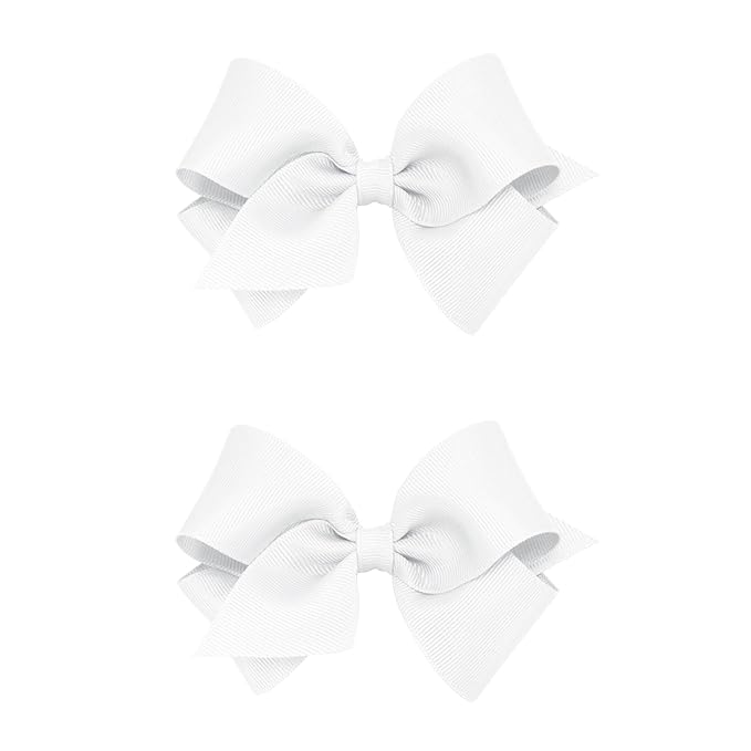 Wee Ones Girls 2 Pack Grosgrain Hair Bows with Plain Wrap Centre on a Wee Stay No Slip Clip, Small, White