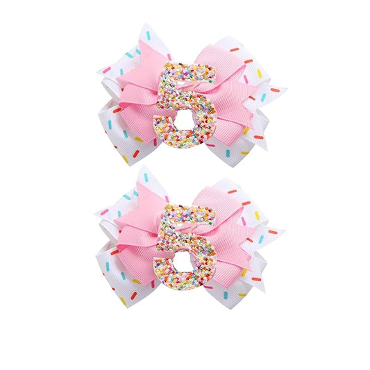 Birthday Hair Clips for Baby Girls - 2Pc Pink Sprinkle Bow Hair Clips for 5th Birthday Glitter Ice Cream Baby Bow Party Decorations for Girls Toddlers Hair Accessories (Pink-5 Years-Clips)
