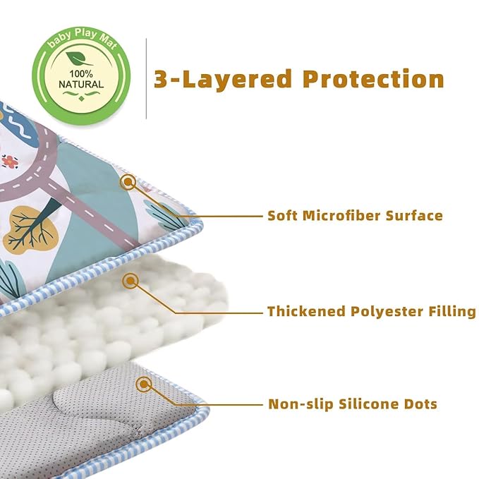 Baby Play Mats for Floor, 50X50 Playpen Mat, Car Playmat Non-Slip Cushioned Crawling Mat Thick Soft Playmats for Babies Toddlers Infants Activity & Tummy Time, Machine Washable (Car,50x50)