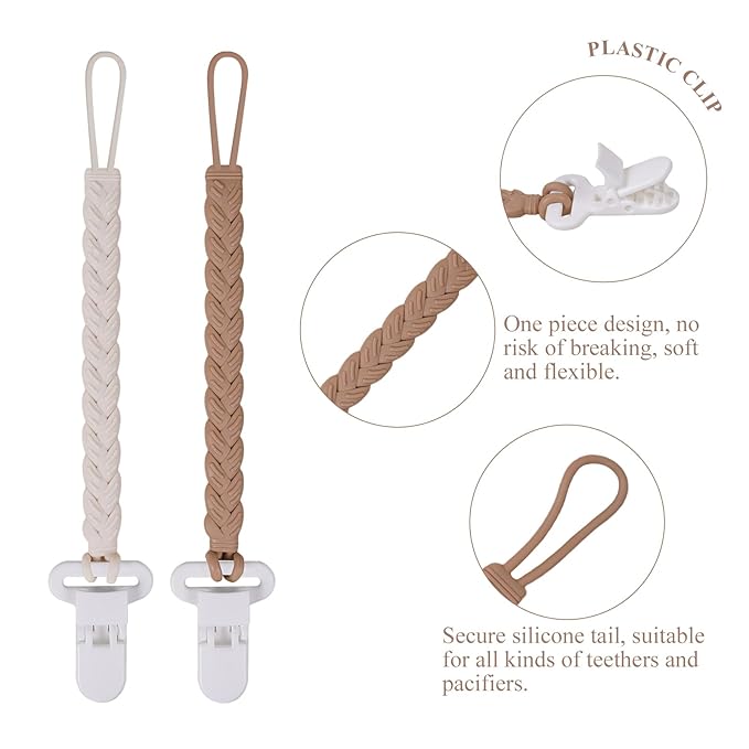 4 Pcs Brown Baby Silicone Teething Pacifier Clip,One-piece Design,Woven Shape,BPA Free.