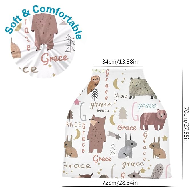 Personalized Baby Car Seat Cover for Boys Girls, Customized Infant Carseat Covers with Name, Multi Use Nursing Cover Breastfeeding Scarf, Stroller Sun Shade Cover Canopy, Cartoon Animal