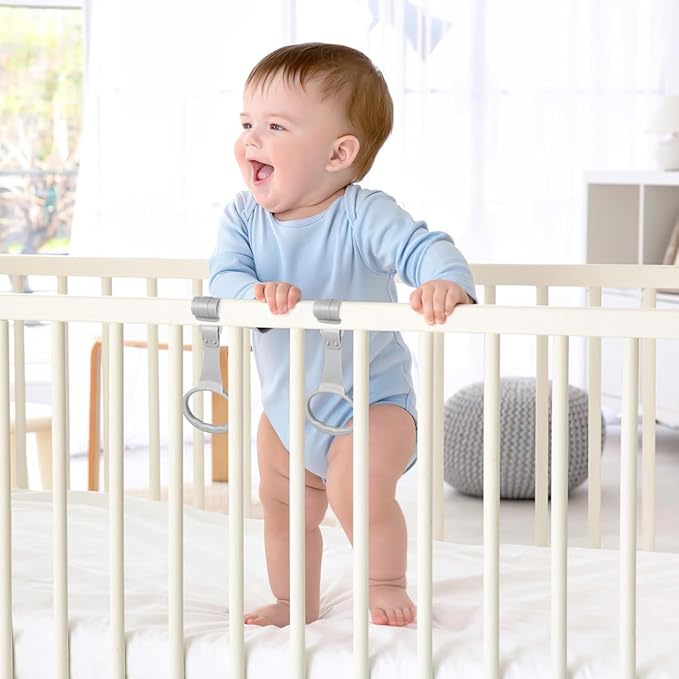 4Pcs Baby Pull Up Rings for Playpen & Crib, Portable Infant Walking Assistant with Safety Stand, Universal Training Tool for Early Walking Practice, Playpen Accessories