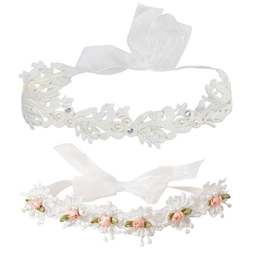 2 Pack 18-20in Elegant White Flower Christening Headbands for Baby Girl, Elastic Soft Lace with Cute Tulle Pearl Hair Strap (Snow Tooth Rose)