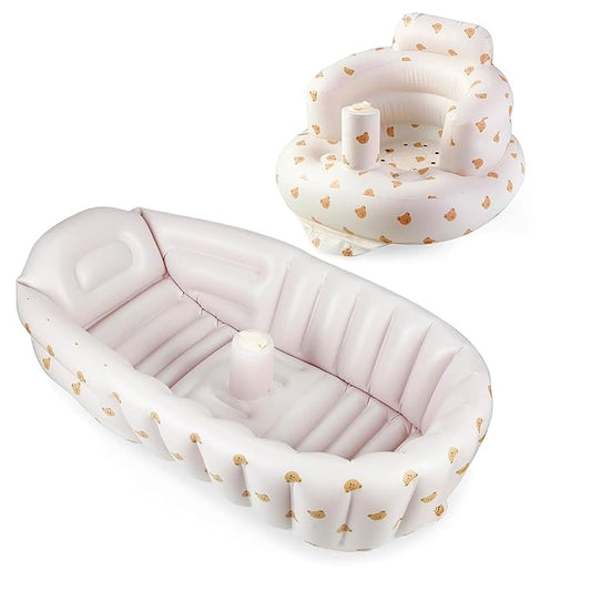 PandaEar 2 Pack Baby Inflatable Bathtub & Baby Seat for 3 Months+, Portable Travel Baby Infant Bath Tub and Infant Chair Toddler Floor Seats with Built in Air Pump for Newborn