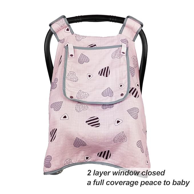 Car seat Covers for Babies, Infant Carseat Canopy for Newborn Carrier, kick Proof Yet Anti-Slip Design, Muslin, fit Summer, Spring, Autumn, Pink Heart, Perfect for Girl;