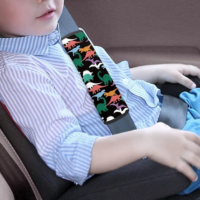 ENLACHIC Baby Car Seat Belt Cover, Cute Dinosaur Print Car Seat Shoulder Strap Pads, Infant Car Seat Cushion Safety Seatbelt Protector for Kids Boys Girls,Black Dinosaur
