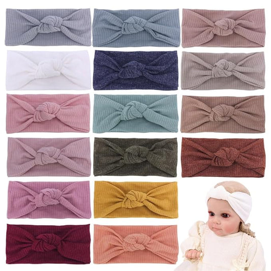 16 PCS Soft Knot Headbands with Hair Bows Elastic Hairbands Head Wrap For Newborn Baby Girls Infant Toddlers Kids Accessories (16 PCS Knot Headband)