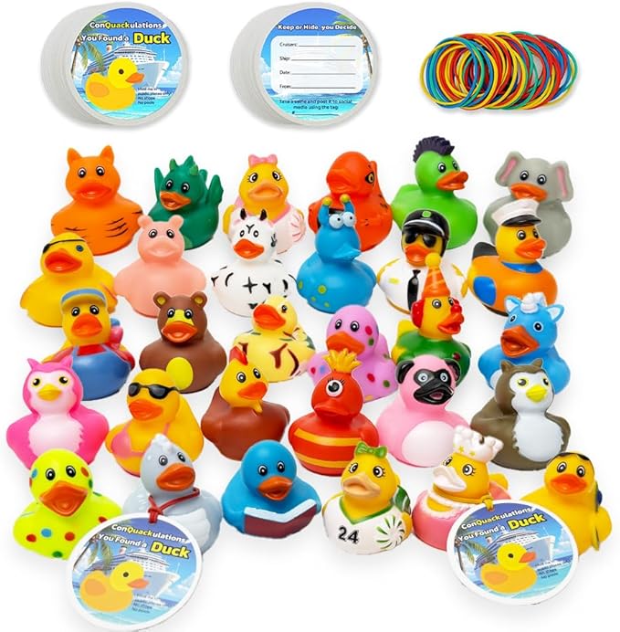 Cruise Ducks 70-Piece Adventure Kit: 20 Assorted Rubber Ducks, 20 Cruise Ship Tags & 30 Bands for Hiding Games, Bath Toys, Pool Fun, or Collectible Decor
