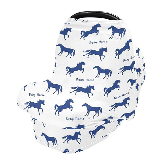 Personalized Baby Car Seat Cover for Babies, Custom Name Baby Car Seats Canopy for Boys, Nursing Breastfeeding Stroller Covers for Infant Newborn, Shower Gift (Running Horse Blue)