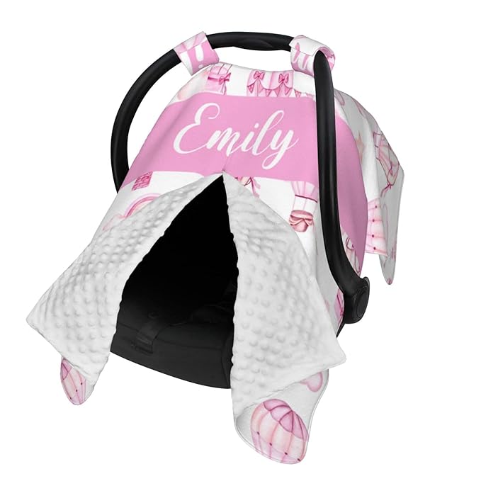 Personalized Baby Car Seat Canopy for Babies, Custom Name Car Seat Covers for Baby Girl, Hot Air Balloons Opening Minky Nursing Breastfeeding Cover for Infant, Carseat Canopies for Newborn