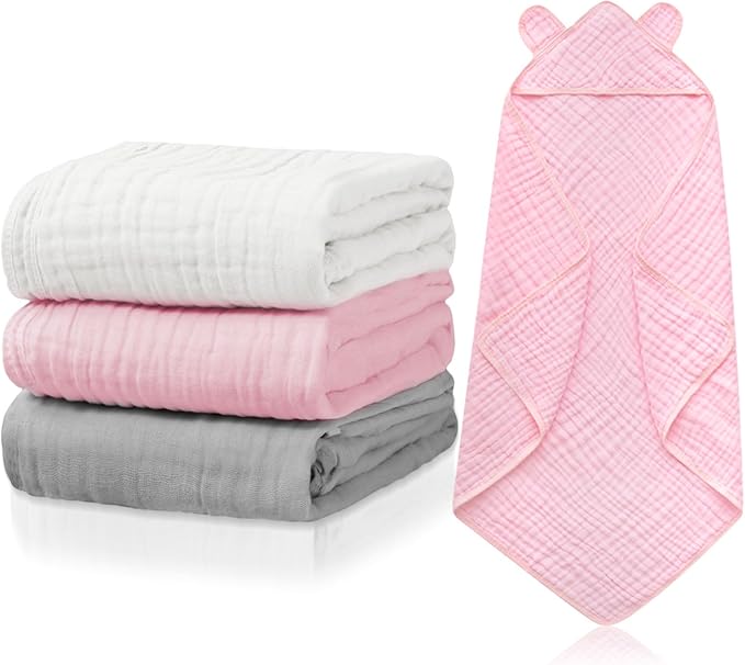 Preboun 3 Pcs Muslin Baby Hooded Towels Cotton Absorbent 6 Layers Cute Bath Toddler Towels for Newborn Kids Girl Infant Boys Toddler Shower Gift Supplies (Grey,Pink,White)