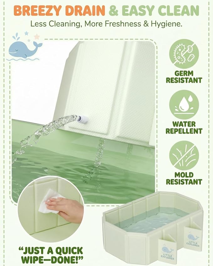 Foldable Baby Bathtub for Ages 0–6, Portable Toddler Bathtub for Shower, Collapsible Kids Bath Tub with 4 Support Legs, Anti-Slip Bottom & Dual Drain Holes, Space-Saving Travel Bath (Light Green)