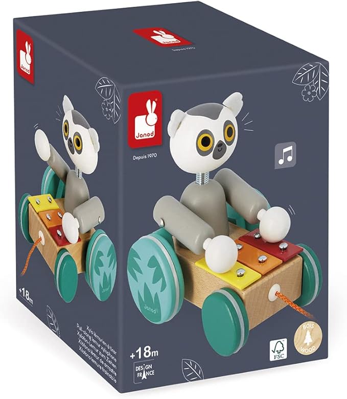 Janod - Tropik Pull-Along Lemur Xylophone - 2-in-1 Wooden Early-Learning Toy - Musical Educational Toy - Walking and Balancing - Water-Based Paint - 18 Months + J08270