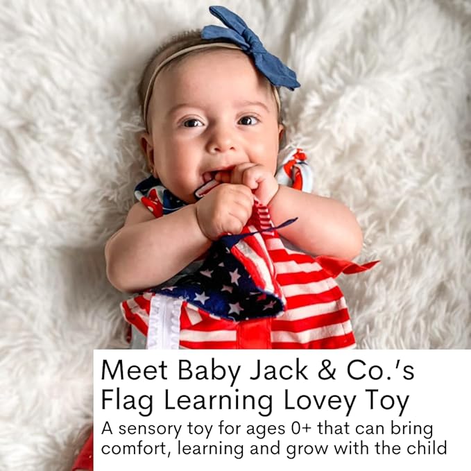 Baby Jack & Co 8x8” American Flag Lovey Patriotic Tag Toy - Crinkle Toys for Development of Five Senses - Soft & Safe - God Bless America - Military Child - BPA Free Clip for Stroller Toy