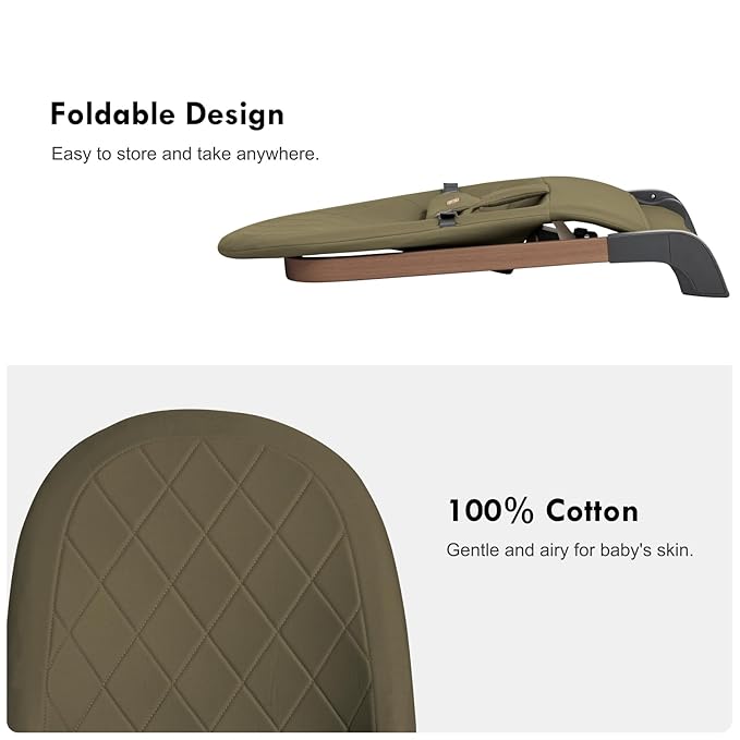 Foldable Baby Bouncer, Baby Bouncer Seat with 3 Adjustable Heights, Portable Newborn Rocker, Ergonomic Bouncer Seat for Natural Bounce, Bouncer for Babies 0-6 Months, Soft Cotton (Green)