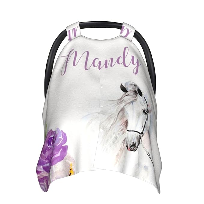 Personalized Baby Car Seat Canopy for Babies with Name, Custom Floral Purple Horse Stroller Car Seat Covers for Girls, Minky Nursing Carseat Cover for Breastfeeding, Car Seat Canopies for Newborn