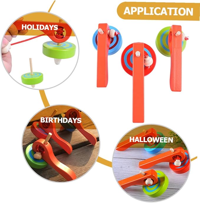 3pcs Wooden Gyroscope with Handle and Pull String for Lightweight Spinning Tops for Fine Motor Skill Development and Coordination Random Color