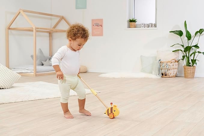Eichhorn 100006804 - Sliding Bee Figure with Movable Wing, Handle Length 50 cm, Silent Silicone Wheels, Made from 100% FSC Certified Beech Wood, from 1 Year