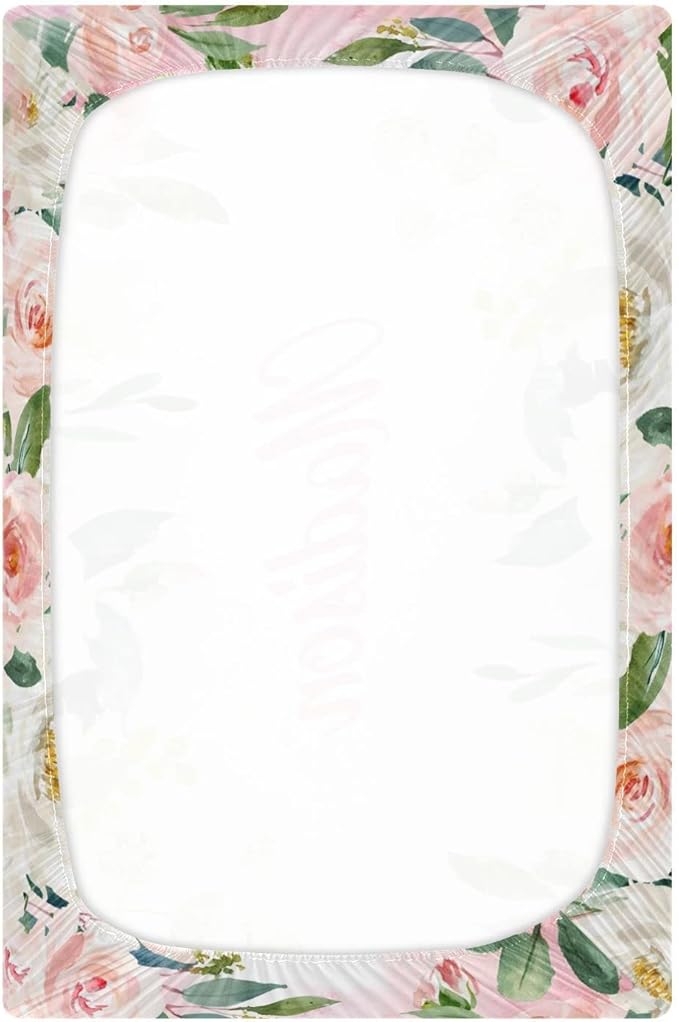 Personalized Pack 'n Play Sheets - Custom Baby Mini Crib Sheets for Girls, Fitted Sheet with Custom Name, Soft and Breathable Floral Rose Material