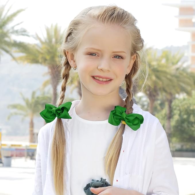 Oaoleer 8PCS Hair Bows for Girls Green Grosgrain Ribbon Boutique Bow Alligator Clips Hair Accessories for Toddlers Little Girls Kids (8inch, 6inch, 4.5inch, 3inch in Pair)