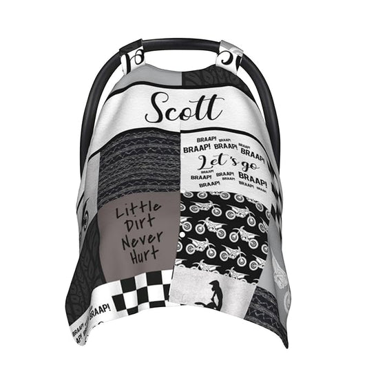 Custom Baby Car Seat Canopy with Name, Personalized Baby Car Seats Covers for Baby Boy, Motocross Opening Minky Nursing Breastfeeding Cover for Infant, Carseat Canopies for Newborn