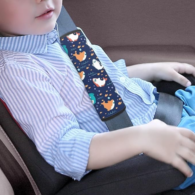 ENLACHIC Kids Car Seat Belt Cover, Cute Cartoon Animal Print Baby Car Seat Strap Pads Infant Car Seat Protector Car Accessories Universal All Cars,Cut Shark