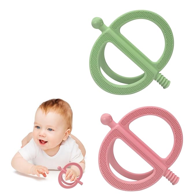 Baby Teething Toy, Nipple-Shaped with Easy-Hold Handle, Anti-Choking Design for Teething Relief, Teethers for Babies 0-36 Months, Textured Chewing Toys for Infants Toddlers (Pink+Green)