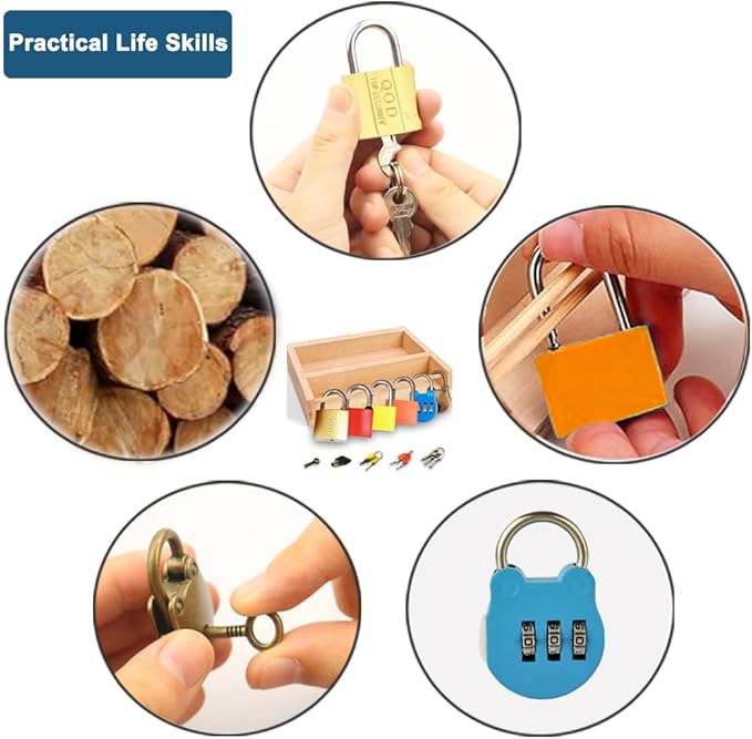 Inslat Montessori Lock and Key Toy Set for Toddlers, Educational STEM Lock Toys Matching Games Set with Wooden Tray for 3-5 Year Old Kids