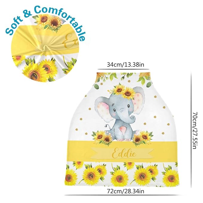 Personalized Baby Car Seat Cover for Boy Girl, Custom Nursing Covers for Breastfeeding with Name, Infant Stroller Cover, Baby Carseat Canopy for Newborn, Multiuse Car Seat Canopies, Sunflower Elephant
