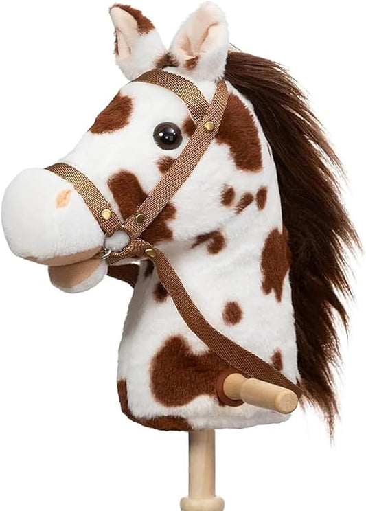 HollyHOME Stick Horse Plush Handcrafted Hobby Horse on a Stick with Wood Wheels Real Pony Neighing and Galloping Sounds for Kids Toddlers Appaloosa 36 Inches (AA Batteries Required)