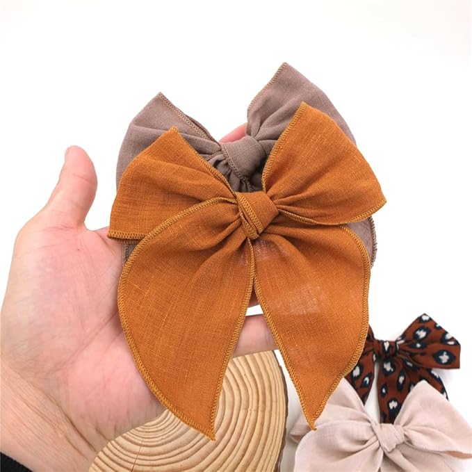 Pack of 4 Gorgeous Fable Bow Hair Clips for Girls Women Linen Hair Bow Alligator Clips Toddler Baby Mom Young Girl Hair Accessories (Camel)