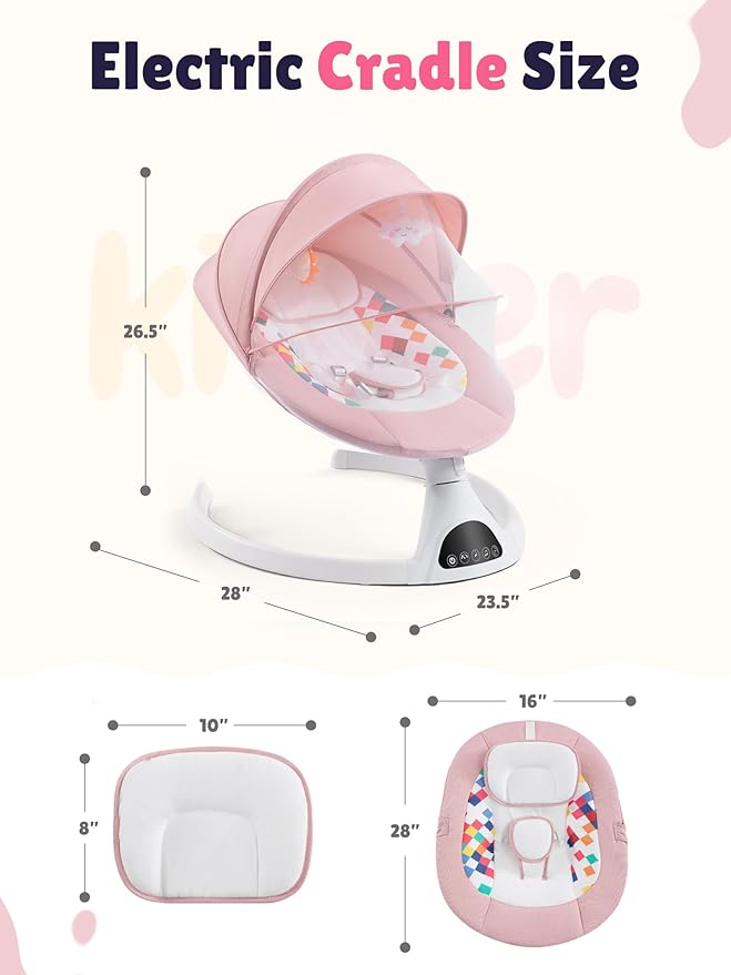 Baby Swing for Infants - Electric Portable Bluetooth Baby Rocker with 5 Speeds, 5-Point Harness, Remote Control, Timing & Music Speaker Max 20 Lbs (Pink)