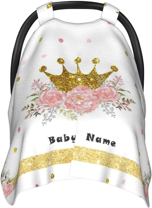 Personalized Customization Floral Crown Car Seat Cover, Peekaboo Opening Carseat Canopy for Newborn, Babies Multiuse, Mom Nursing Breastfeeding, Infant Toddler Blanket