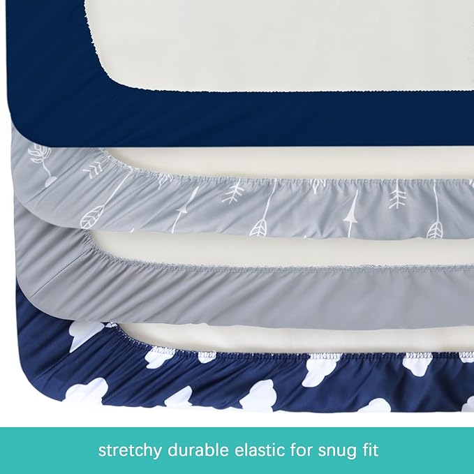 4 Pack Pack and Play Fitted Sheets Fits Graco Pack n Play Playard, Pamo Babe, Zodiak, Baby Trend Portable Playard and Other 27 x 39 Playpen Mattress, Ultra Soft and Skin-Friendly, Navy Cloud