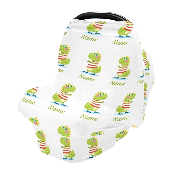 Personalized Cartoon Dinosaur Baby Car Seat Covers for Boys, Custom Carseat Canopy with Name, Nursing Cover Breastfeeding Scarf for Babies, Gift for Infant Newborn, Multiuse Stroller Cover