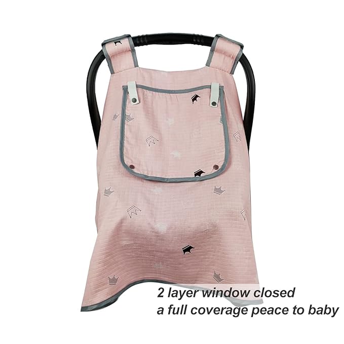 ICOPUCA Car seat Covers for Babies, Muslin carseat Cover Girls, carseat Canopy with Window, Light Weight, fit Summer/Autumn/Spring, Pink Crown, Perfect for gils;