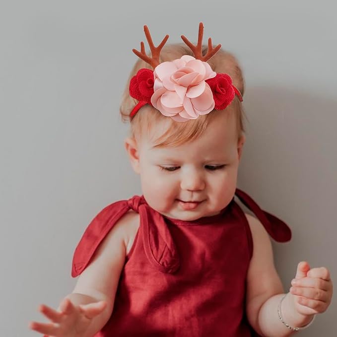 Baby Girl Flower Christmas Headband 3 PCS Elastic Hairbands Handmade Nylon Bows Headbands Chic Floral Hair Accessories Kids XMAS Gifts for Newborn Infant Toddlers