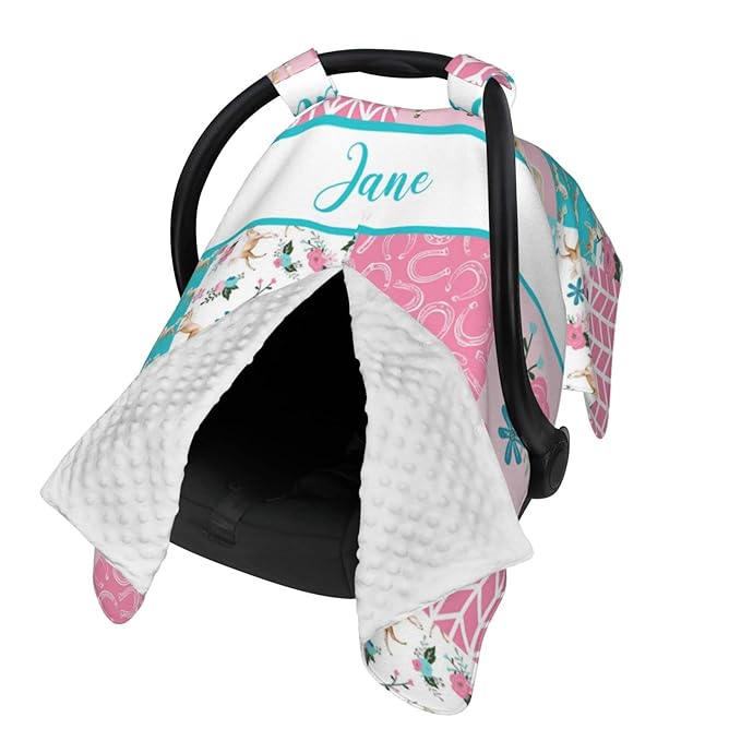 Personalized Baby Car Seat Canopy for Girls, Custom Name, Floral Horse Pink, Water Resistant, Universal Fit, Polyester, Car Seat Cover