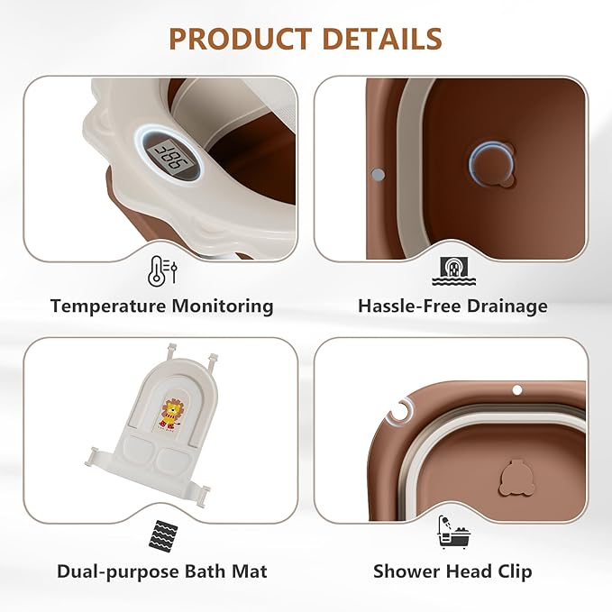 MoreFeel Foldable Baby Bathtub with Thermometer - 4-in-1 Grow-with-Me Collapsible Infant Tub (Newborn to Toddler) with Adjustable Mesh Sling - Space Saving Design
