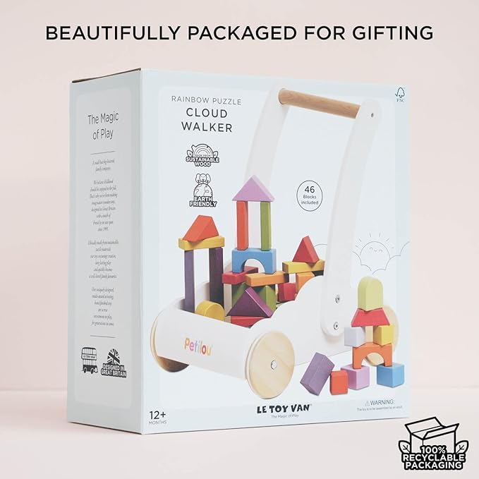 Le Toy Van - Petilou Wooden Walker Toy for Toddlers and Babies | Educational Rainbow Cloud Walker | Suitable for A Boy Or Girl 1 Year Old +, Multi, 45 Blocks (PL102)
